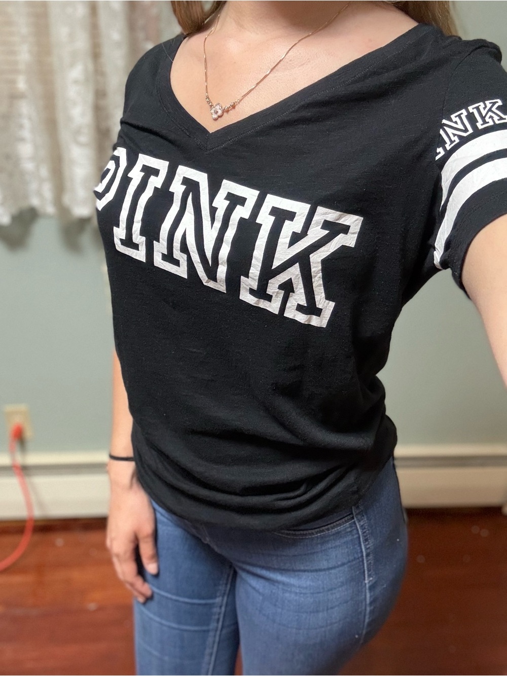 PINK Victoria's Secret Black V-Neck Logo Tee with White Lettering